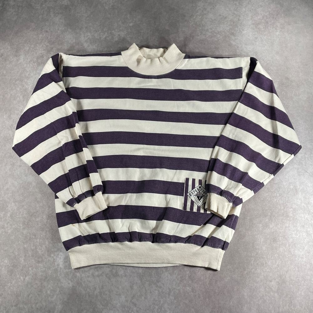 90's Expressions Streetwise Mock Neck Sweatshirt Purple White Stripe Size Large